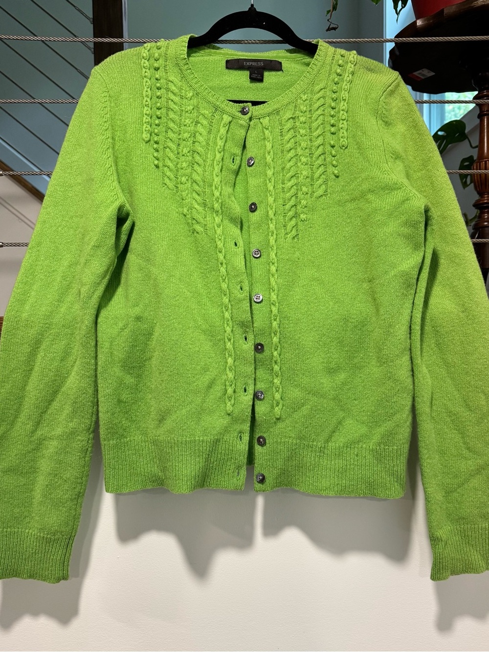 Express Women's Lime Green Cable-Knit Button Cardigan Sweater large